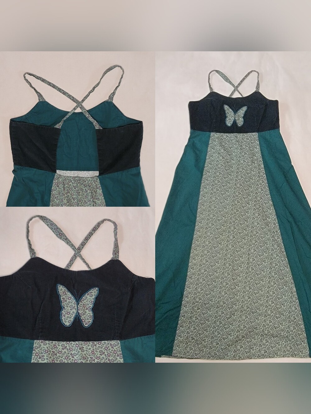 Vintage Y2K Cordury Patchwork Hippie Maxi Dress Green Butterfly